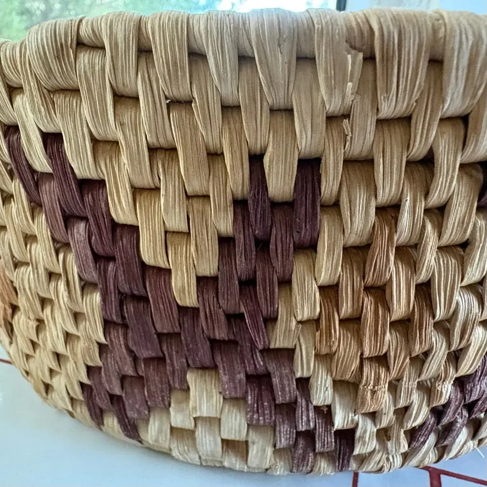 Vintage Woven Basket Bowl Natural Fiber Geometric Pattern 10 Inch